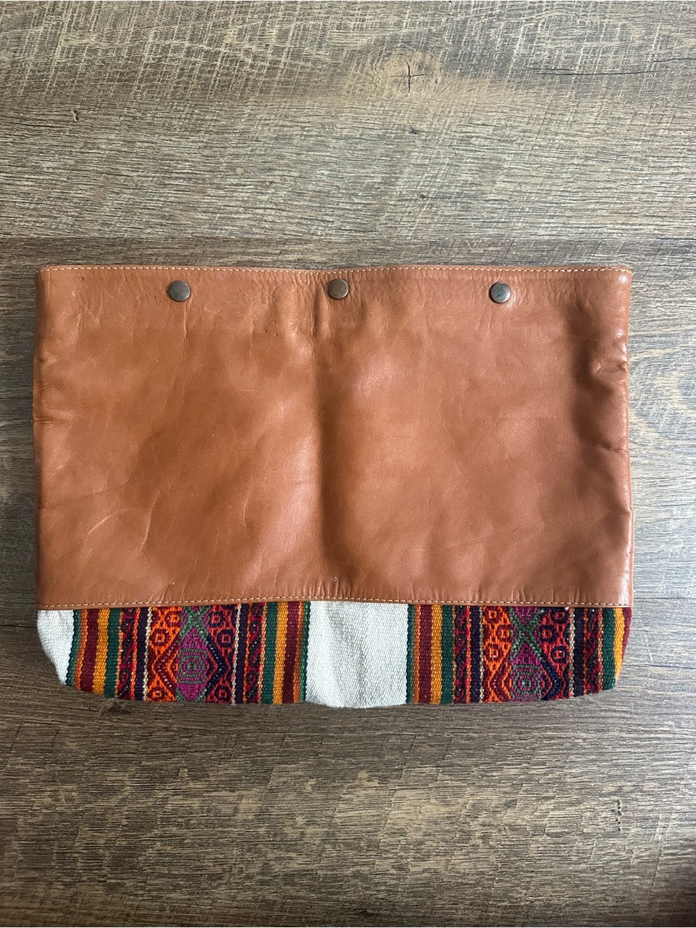 Tan Leather Clutch with Colorful Woven Trim